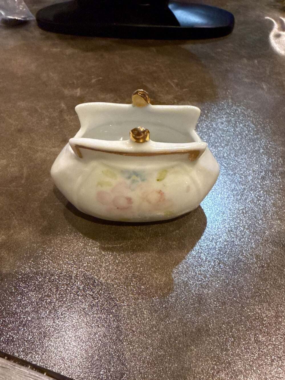 Vintage Porcelain Hand Painted Floral Purse Trinket Dish Gold Trim